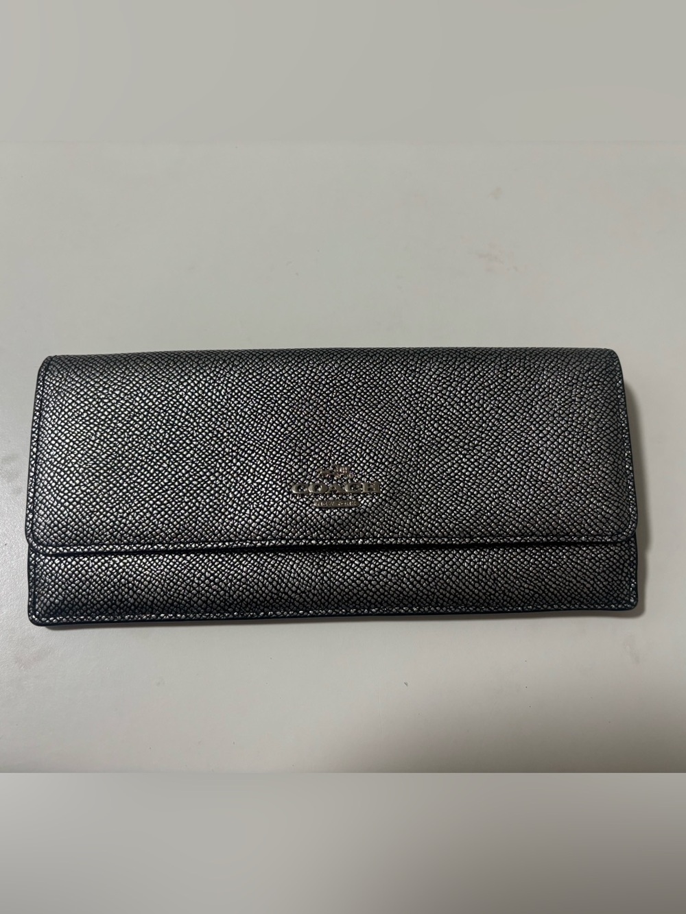 Coach Black Textured Saffiano Continental Wallet with Silver Logo